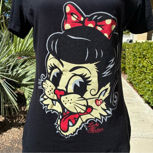 Lucky 13 Miss Alley Cat Juniors Size XL Black Scoop Neck Tee - Picture 2 of 9